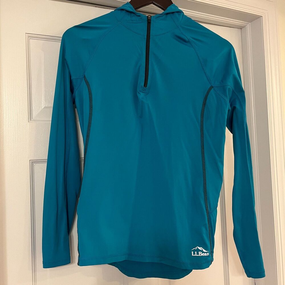 L.L. Bean Quarter Zip Hooded Blue Pullover Top SZ Med Layer Item #301350 Active